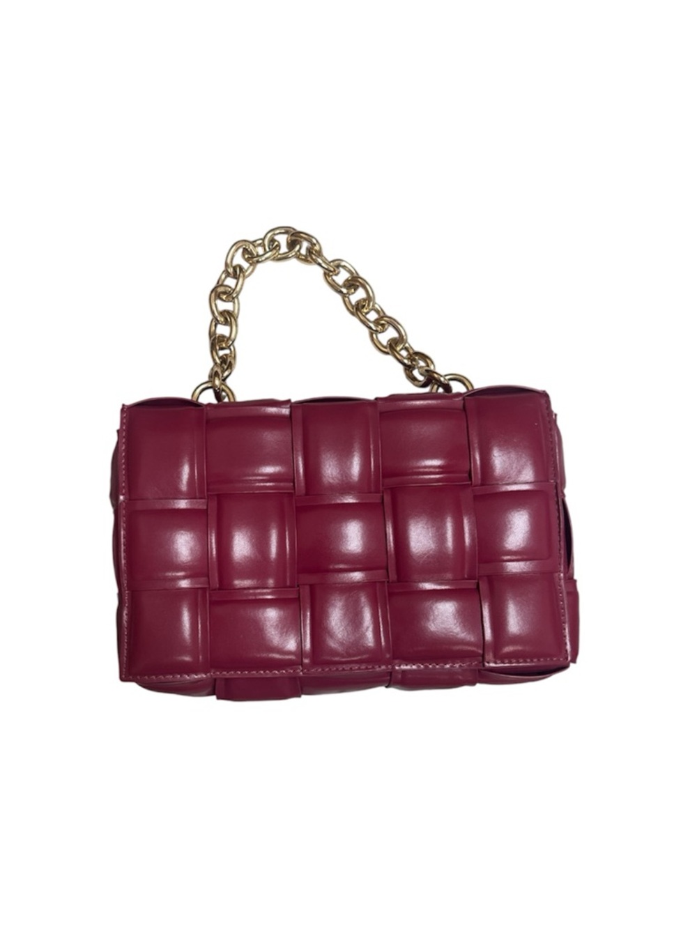 Woven Quilt-Style Chain Handle Shoulder Bag - Burgundy
